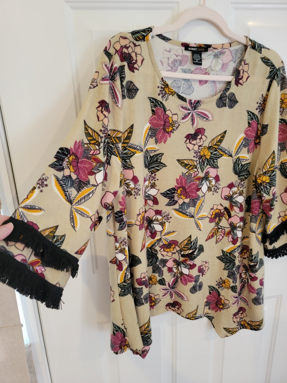 Robert Louis Beige Floral Tunic with Black Fringe